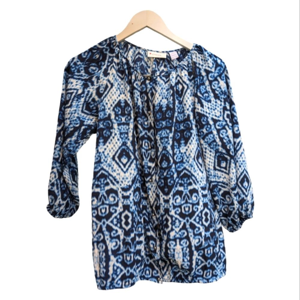 Chico's Blouse top 3/4 sleeve blue white navy watercolor design 0 S‎ 4